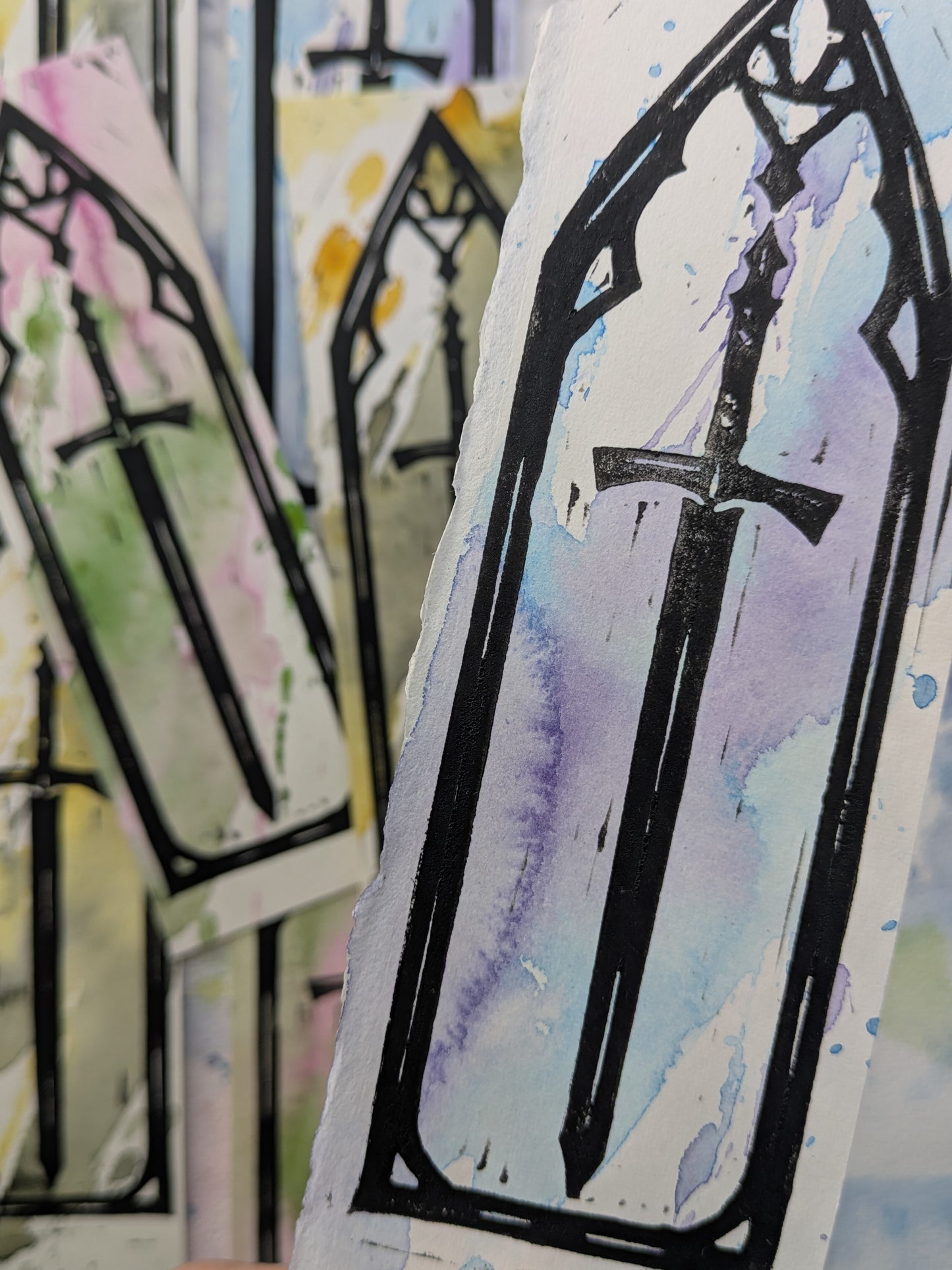 Gothic Lino & Watercolour Bookmark