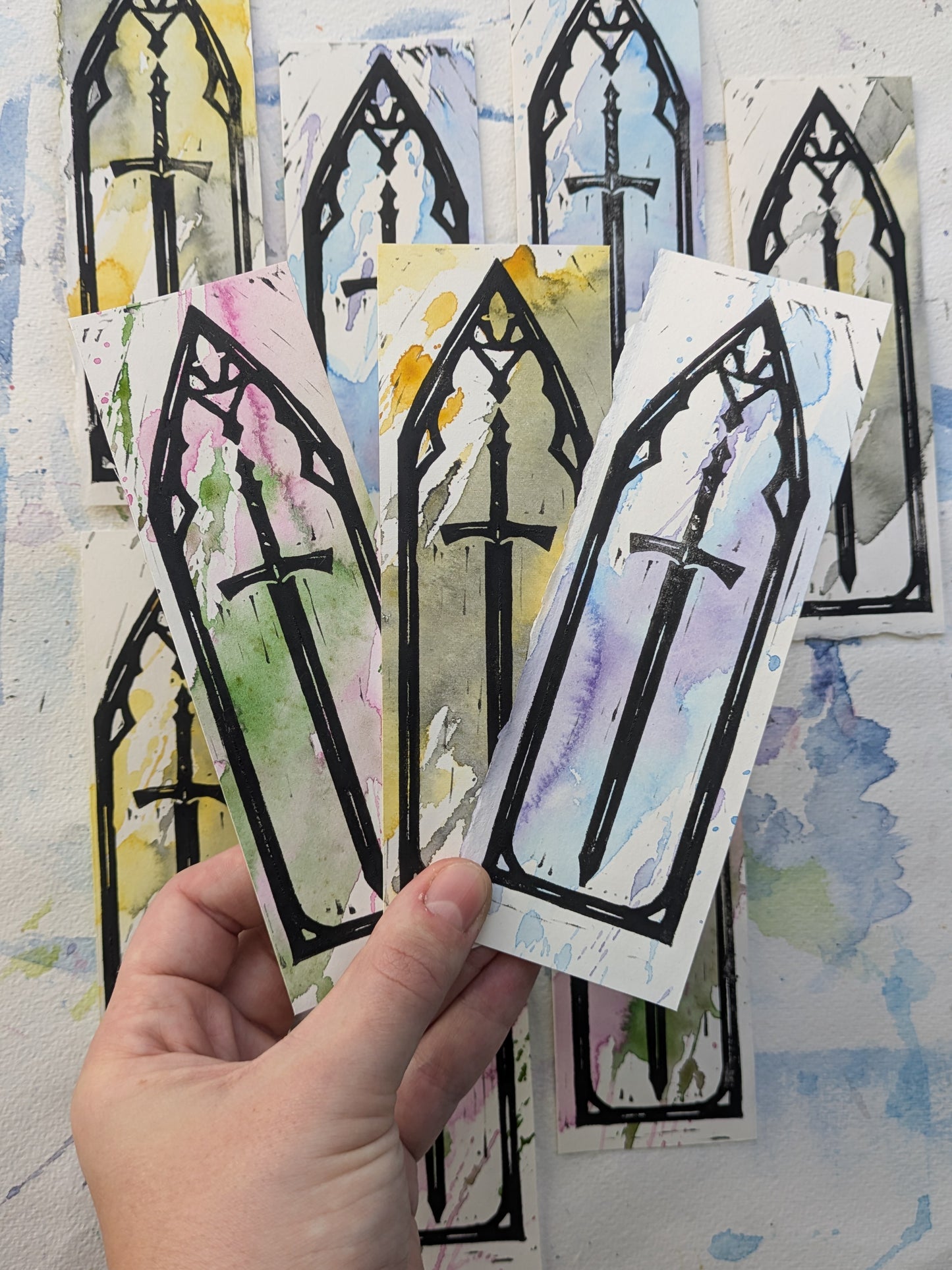 Gothic Lino & Watercolour Bookmark