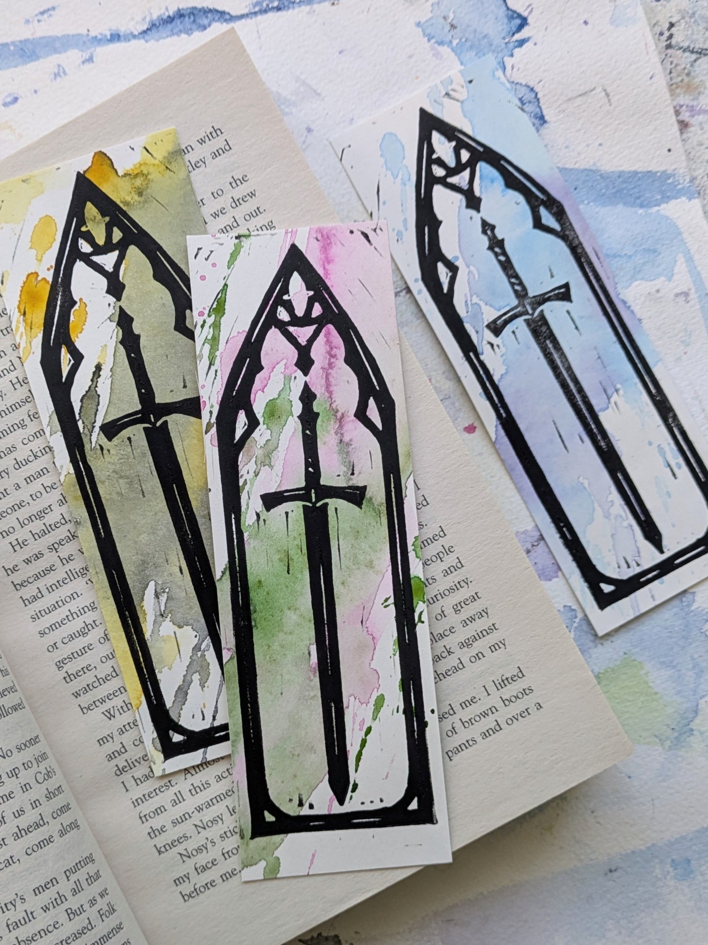 Gothic Lino & Watercolour Bookmark