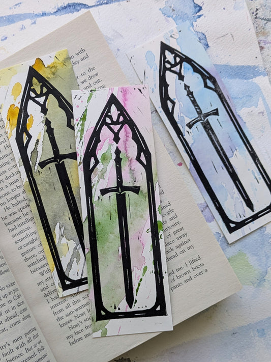 Gothic Lino & Watercolour Bookmark
