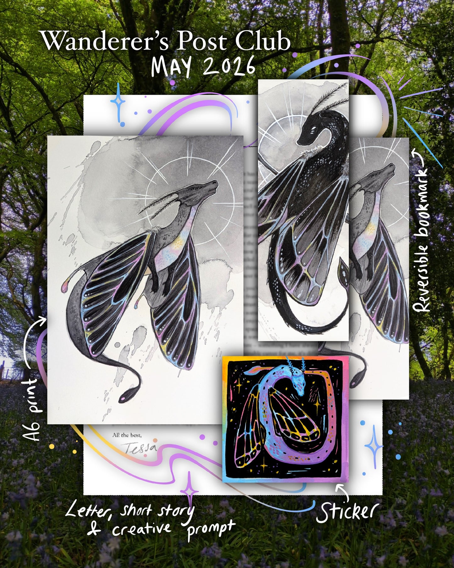 Wanderer's Post Club May 2026 product with dragon illustrations and text on a nature-themed background.