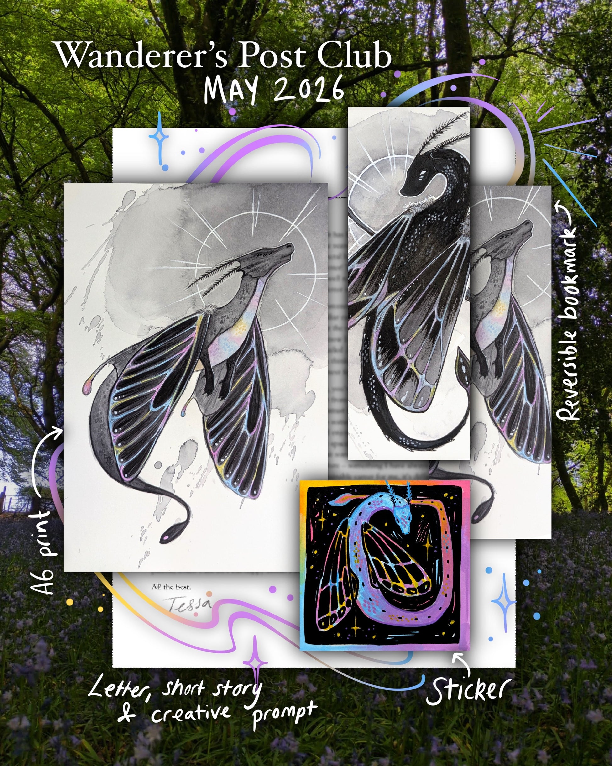 Wanderer's Post Club May 2026 product with dragon illustrations and text on a nature-themed background.
