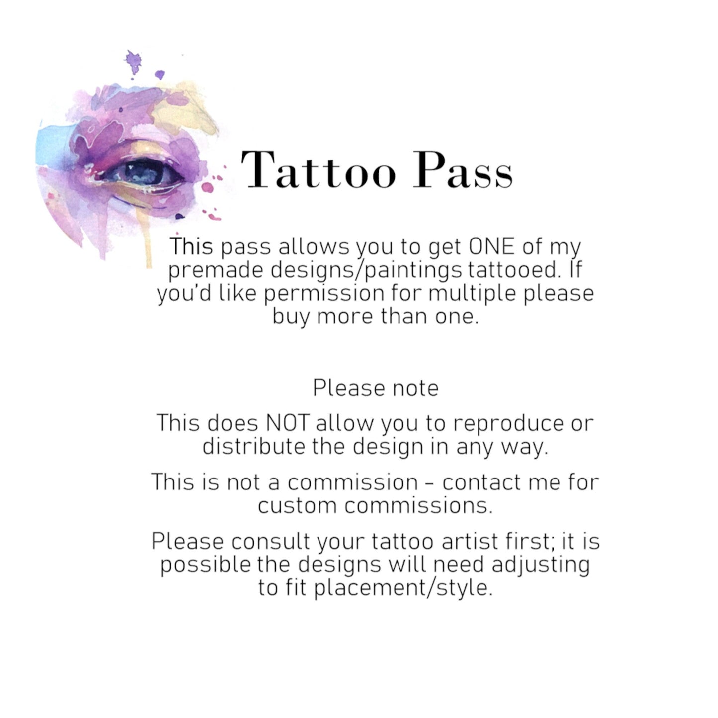 Tattoo Pass / Ticket | Permission to tattoo a premade design