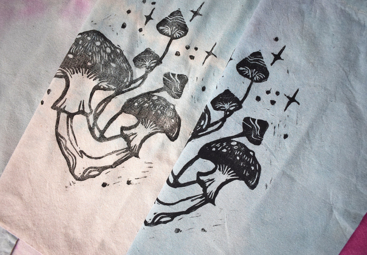 Hand tie-dyed & lino printed cotton tote bag | Fungi