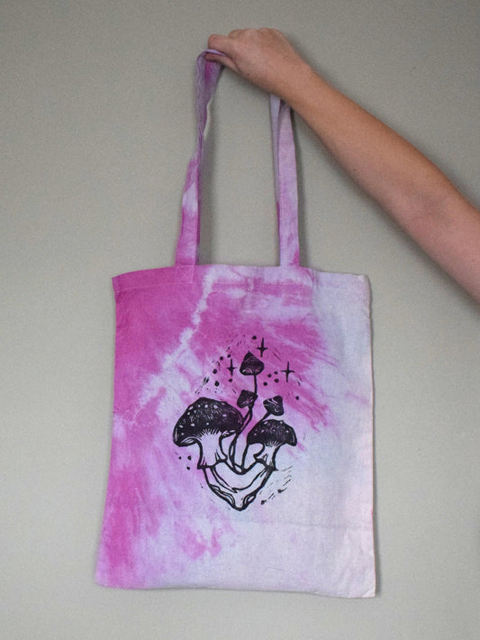 Hand tie-dyed & lino printed cotton tote bag | Fungi