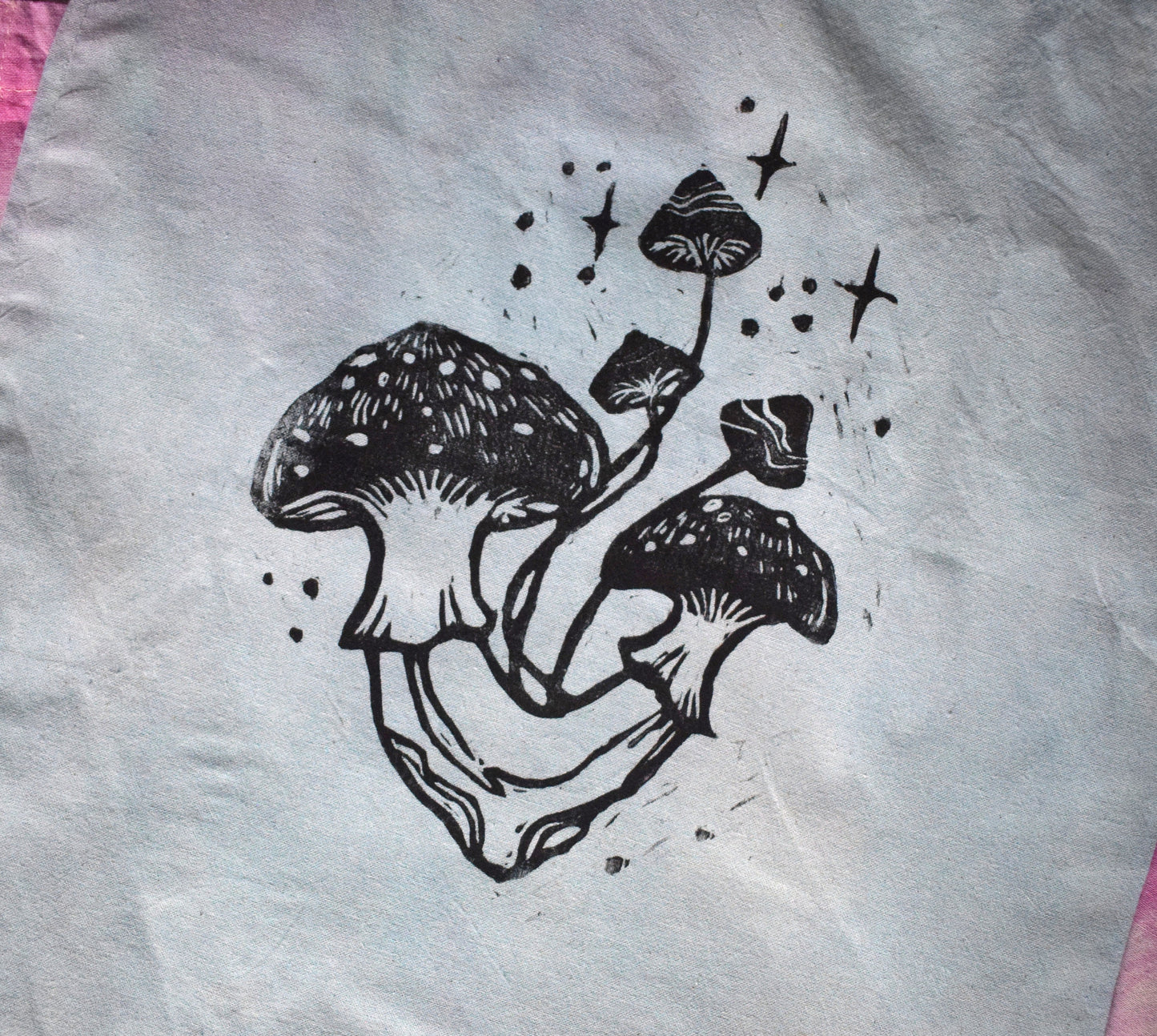 Hand tie-dyed & lino printed cotton tote bag | Fungi