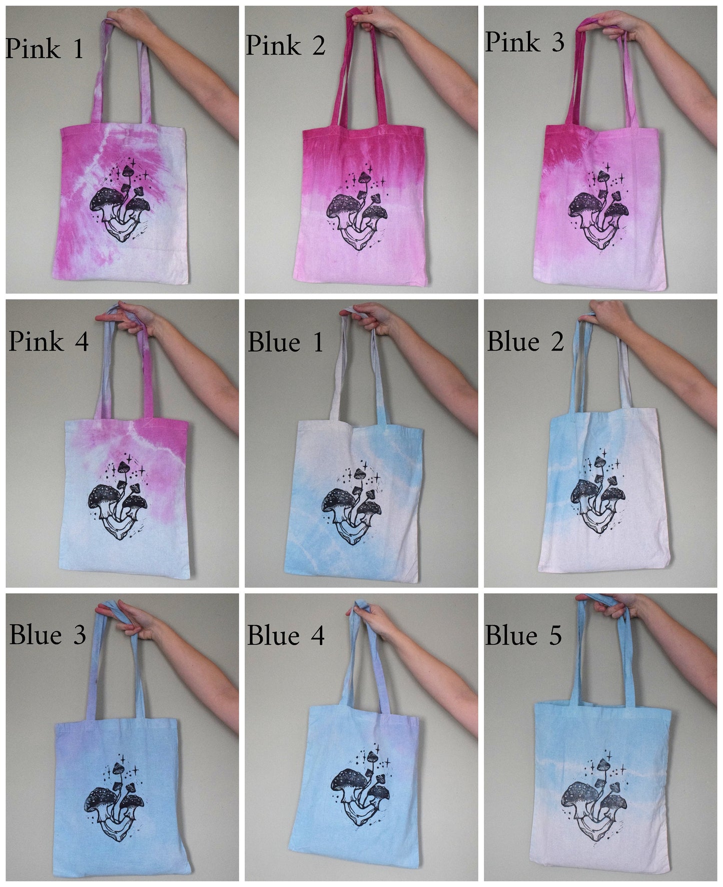 Hand tie-dyed & lino printed cotton tote bag | Fungi